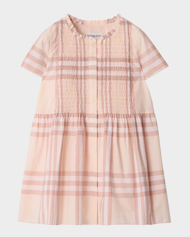 Girl's Rose Check Smocked Poplin Cap-Sleeve Dress, Size 12M-2